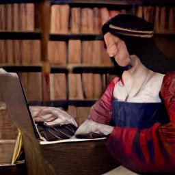 Medieval librarian in front of a laptop